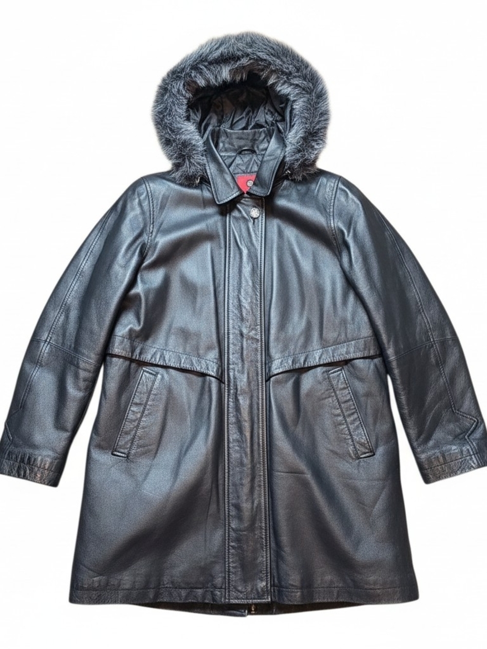MARC MATTIS | Black Leather Penny‎ Lane 90s Boho Trench Coat Faux Fur Hood | XL